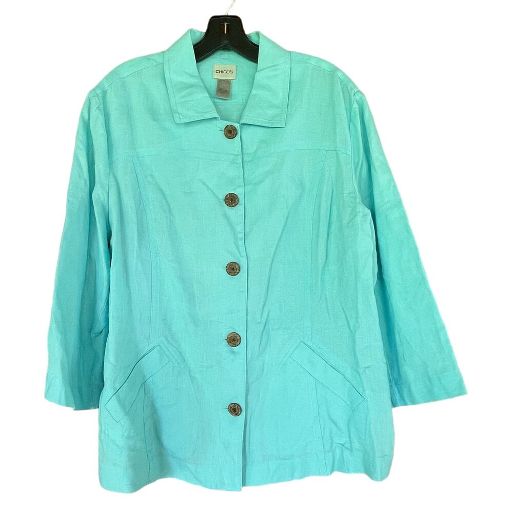 Chicos Jacket 100% Linen Blazer Size 2 US L 3/4 Sleeve Pockets Turquoise Blue